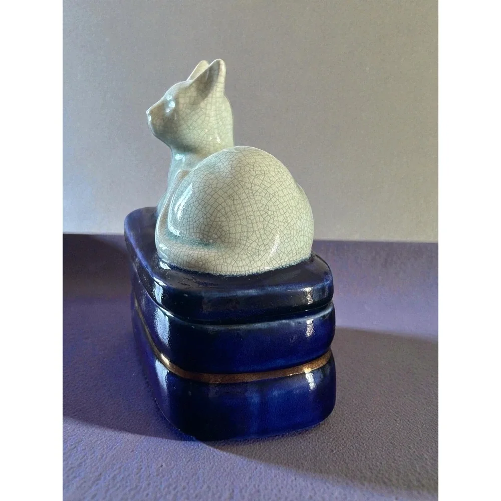 Takahashi Porcelain Crackle Green Cat Trinket Box‎ Colbalt Blue Japan Vintage